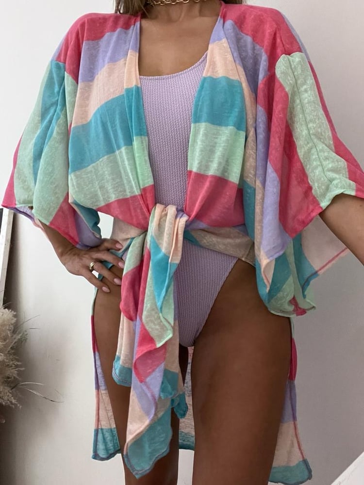 Image of Pastel Rainbow Stripe Burnout Kimono
