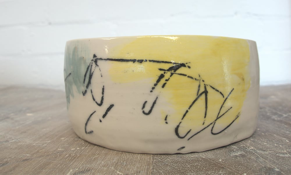Image of Egg shaped dish with slip decoration and monoprints