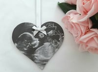 Image 1 of Personalised baby scan hanging wood heart,baby announcement heart wood plaque