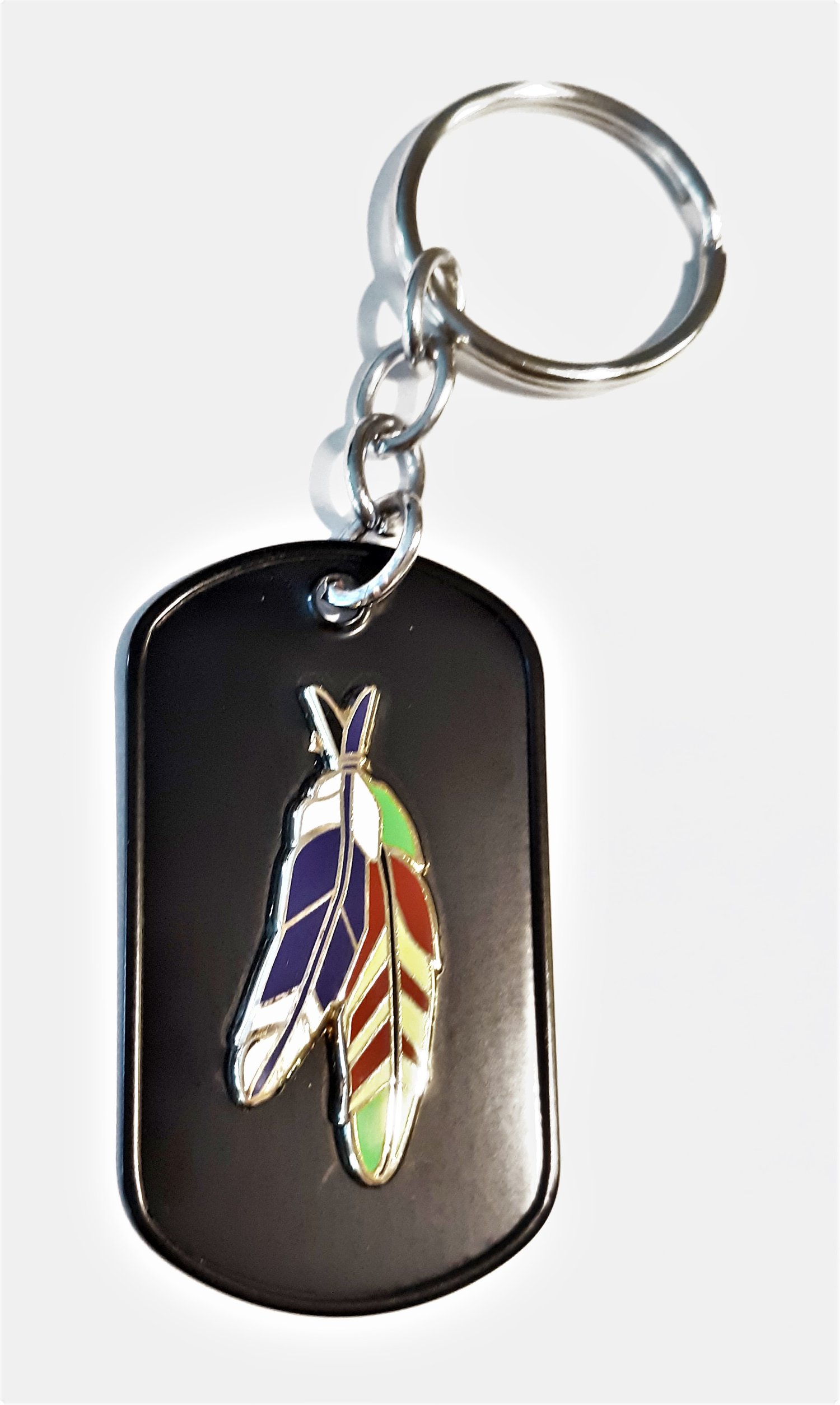 Image of Vietnam Veteran Purple Heart Warrior Feather Black Dog Tag Key Ring