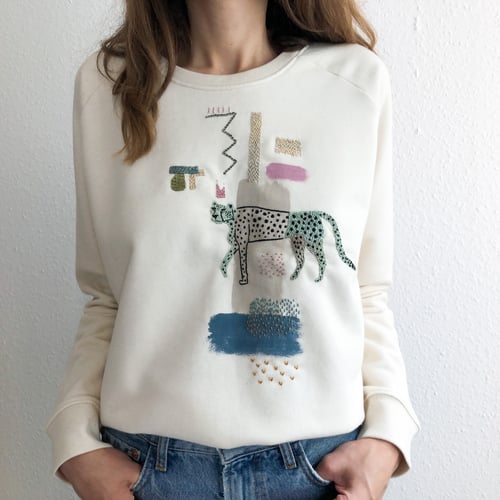 Image of The Cheetah Spirit - hand embroidered and hand painted organic cotton sweatshirt, one of a kind