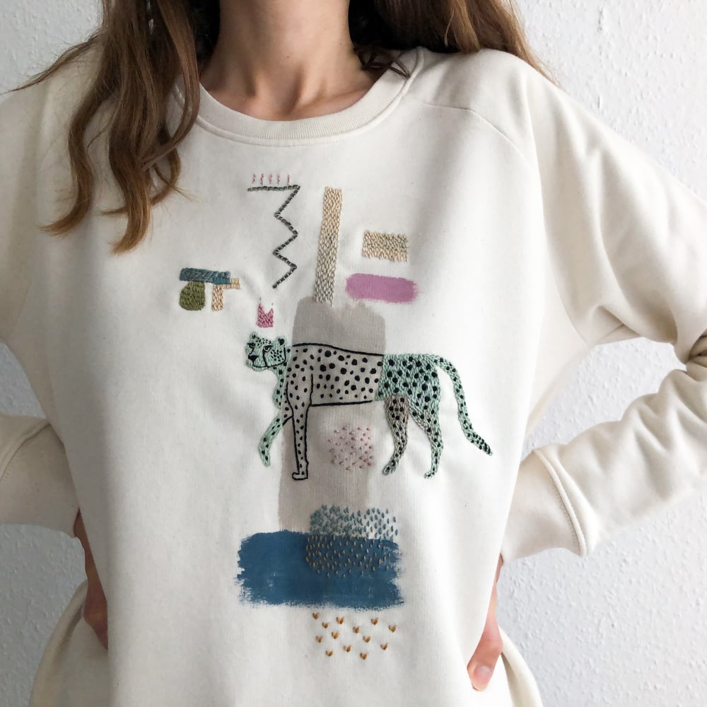 Image of The Cheetah Spirit - hand embroidered and hand painted organic cotton sweatshirt, one of a kind