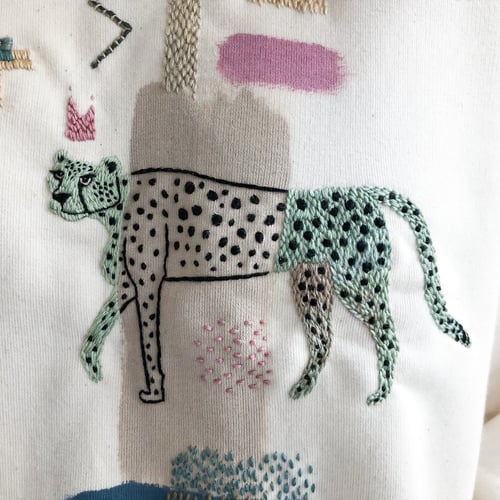 Image of The Cheetah Spirit - hand embroidered and hand painted organic cotton sweatshirt, one of a kind