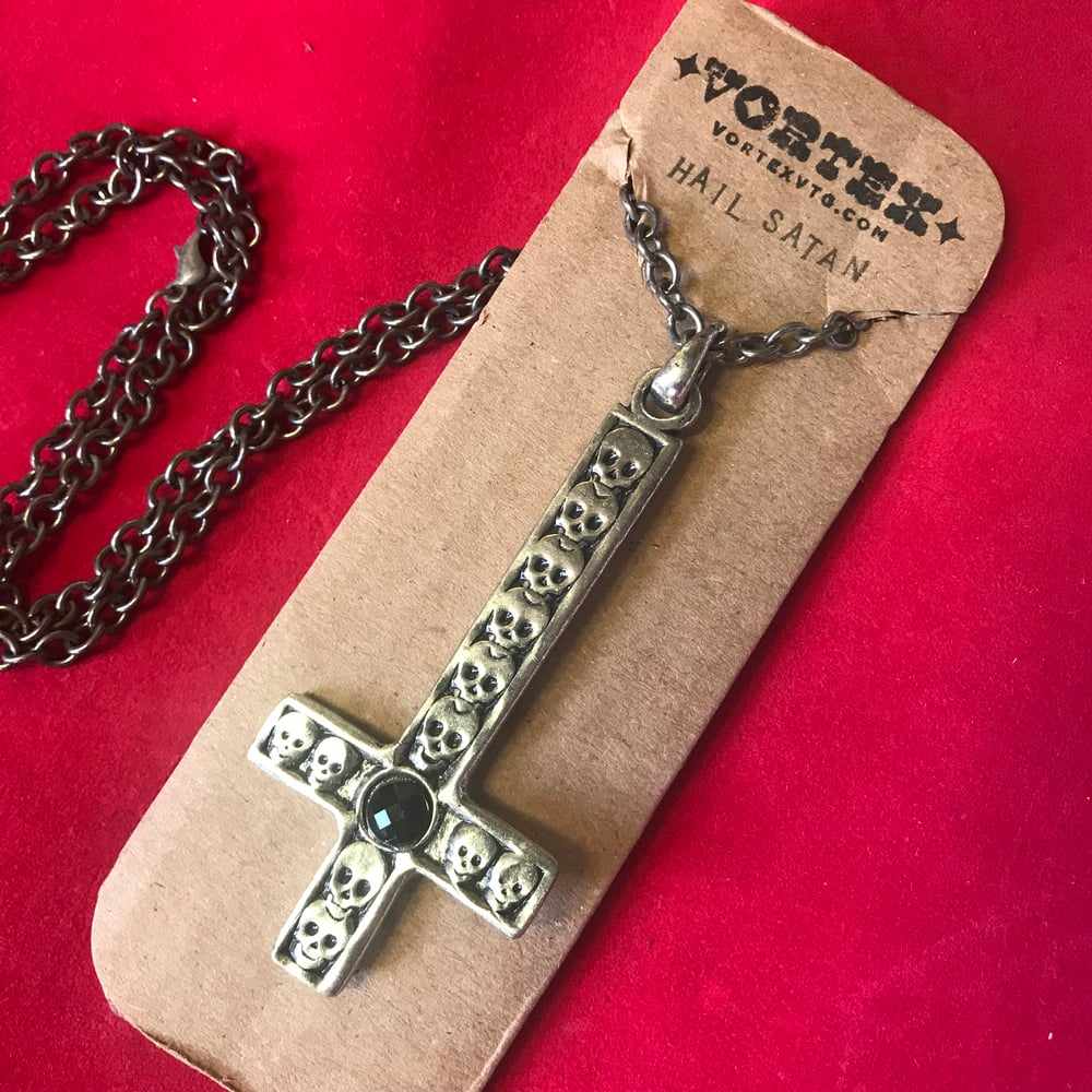 2 Long Silver UPSIDE down CROSS Satanic Necklace.