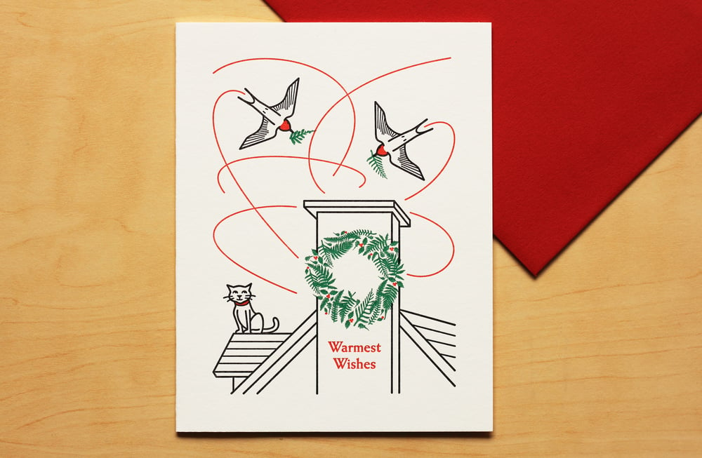 Image of CAT WATCHING SWALLOWS Holiday Card