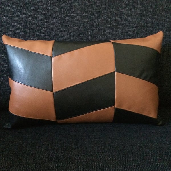 Image of Tan and Black Faux Leather Cushion 'Chevron'