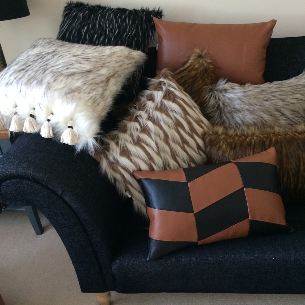 Image of Tan and Black Faux Leather Cushion 'Chevron'
