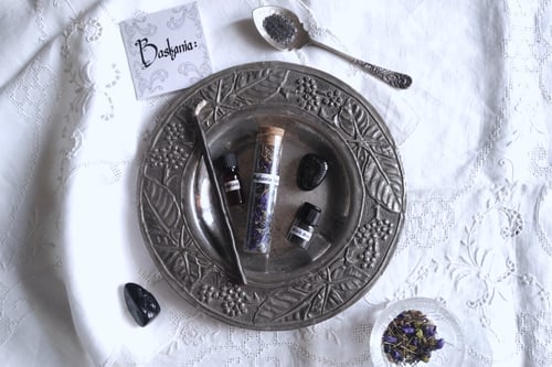 Image of BASKANIA. AVOID EVIL-EYE BOX ↟ incense, candle, black salt, tourmaline - stops jealous & envious