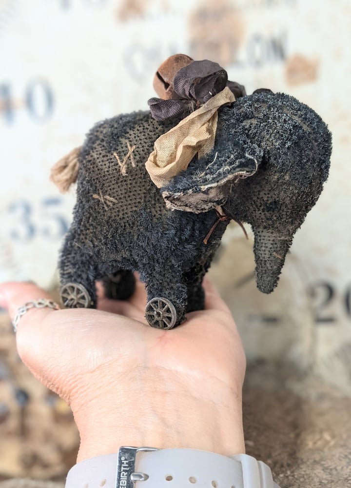 Image of 3.5"  Old Worn Vintage Style Black Stubble Mohair Elephant Pull Toy by Whendi's Bears..