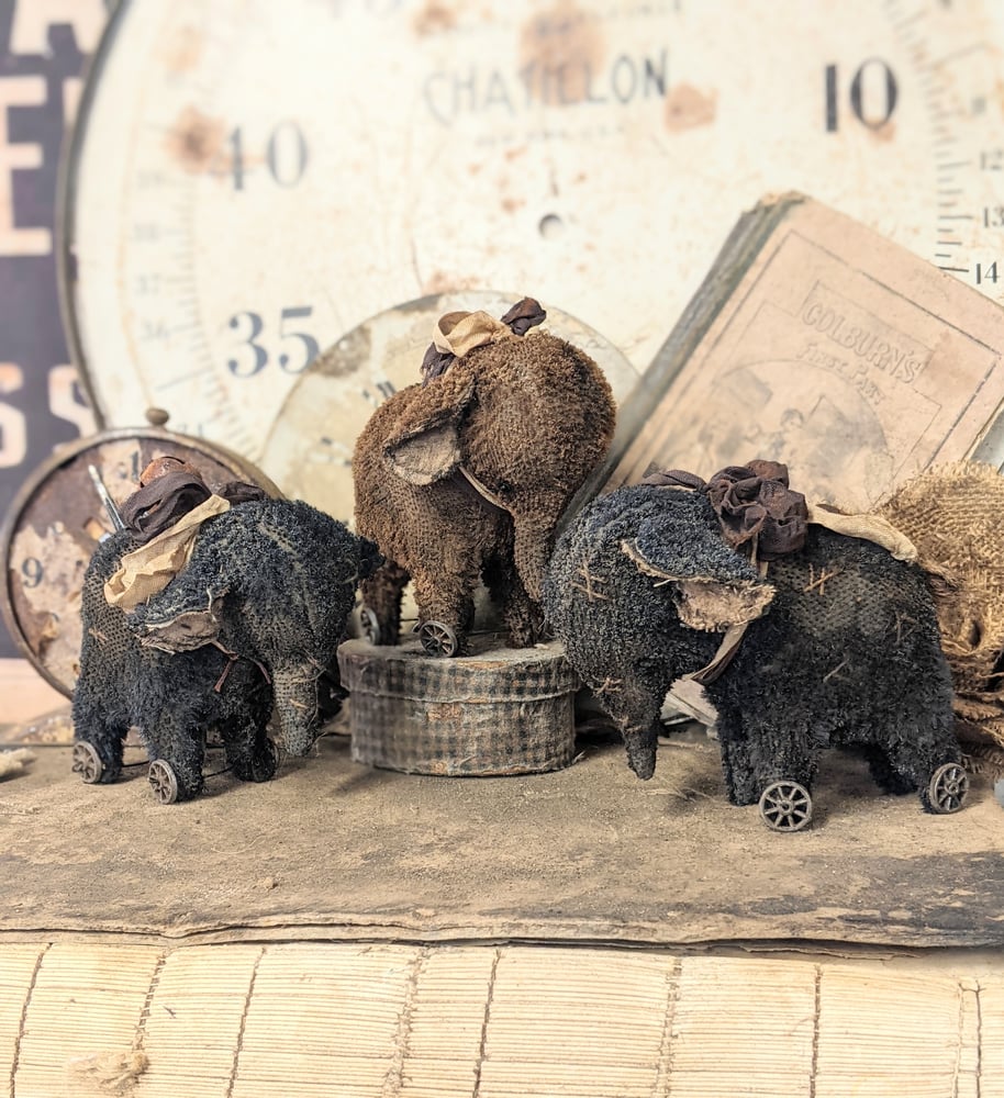 Image of 3.5"  Old Worn Vintage Style Brown Stubble Mohair Elephant Pull Toy by Whendi's Bears