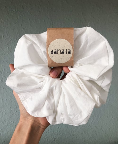 Image of CLOUD Handmade Scrunchie ⌀21cm (8″) - from dead stock Cotton fabric, with recycled paper labels