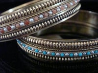 Image 1 of RARE VICTORIAN 15CT TWIN BANGLES TURQUOISE & CORAL SEED PEARL X 2
