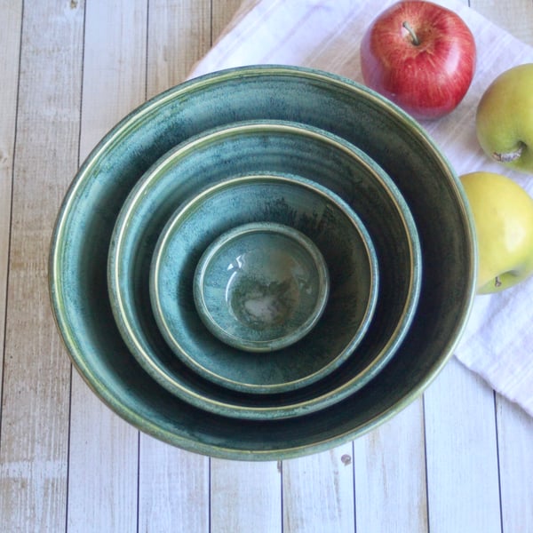Image of Rustic Nesting Bowl Set in Textured Green Glaze, Set of Four Ceramic Bowls, Made in USA