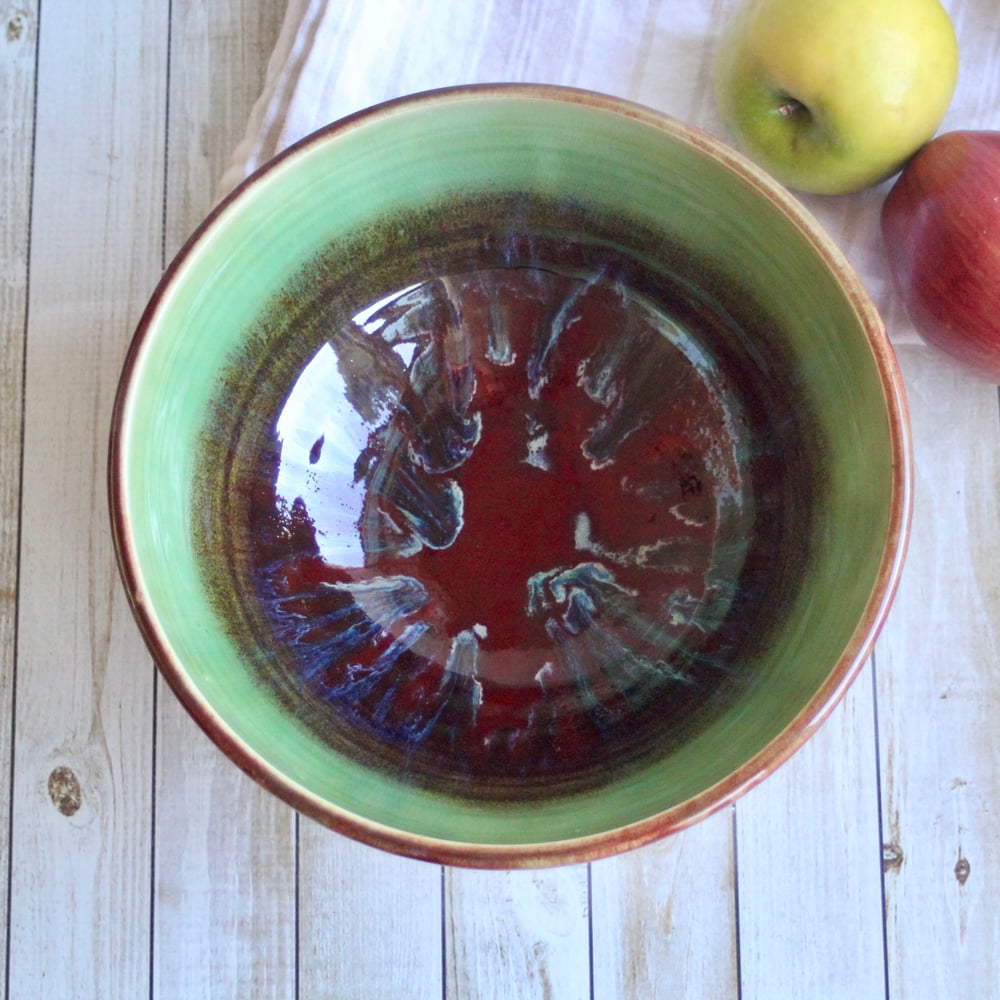 Image of Rustic Green and Red Serving Bowl, Handcrafted Pottery Centerpiece, Made in USA