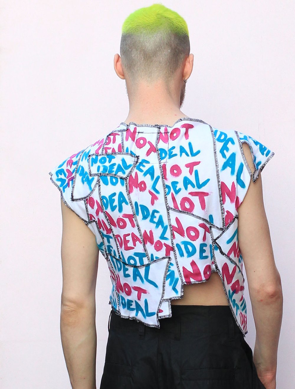 NOT IDEAL PINK AND BLUE DECONSTRUCTED PATCHWORK  CROP TOP