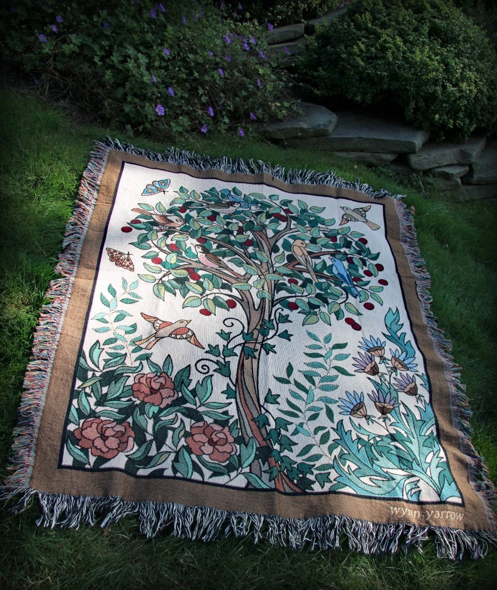 Image of "Tree of Birds" Woven Coverlet in Cream 