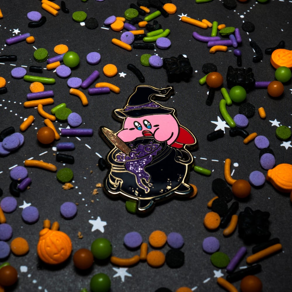 Image of WITCHY CAULDRON KIRBY 1.75 inch gold enamel pin