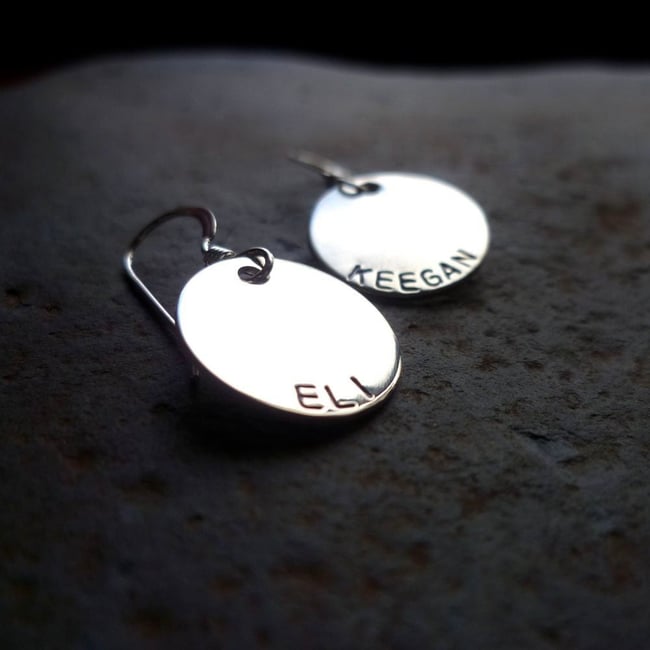 Mother's earrings sterling name children mom grandma hand stamped custom personalized kids engraved