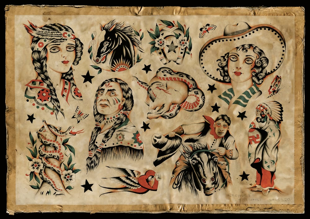 Image of A LARGE SHEET OF AMERICAN WESTERN TATTOO FLASH