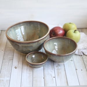 Image of Set of Three Ceramic Nesting Bowls in Sage Green and Brown Glazes, Handcrafted Stoneware Pottery USA