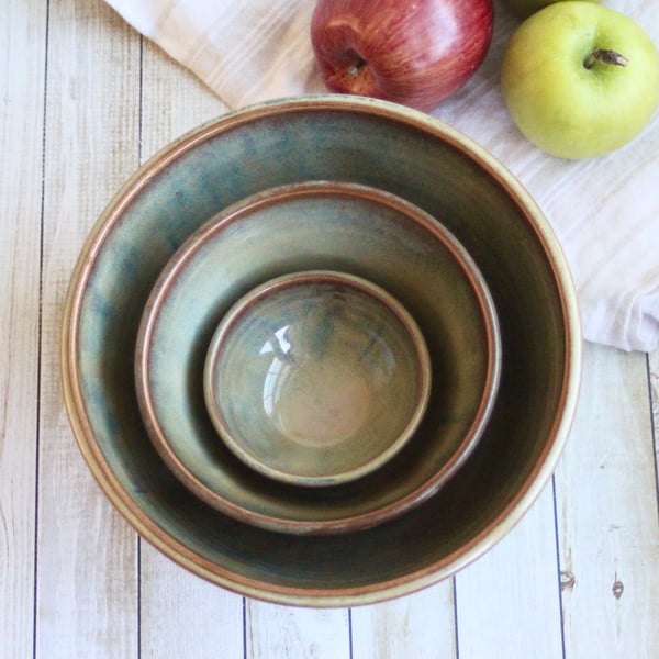 Image of Set of Three Ceramic Nesting Bowls in Sage Green and Brown Glazes, Handcrafted Stoneware Pottery USA