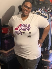 Image 3 of Walk By Faith Not By Sight - White Ladies  V-Neck T-Shirt