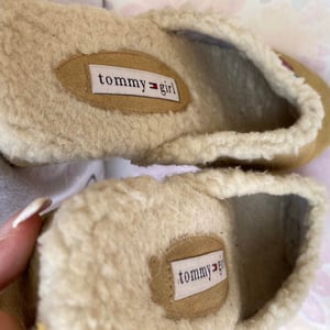 Tommy Hilfiger furry clogs with embroidered design on the toe
