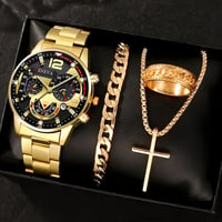 Image 1 of 4pcs Luxury Men Business Quartz Watch Gold Alloy Roman with Calendar Wrist Watch Cross Necklace Brac