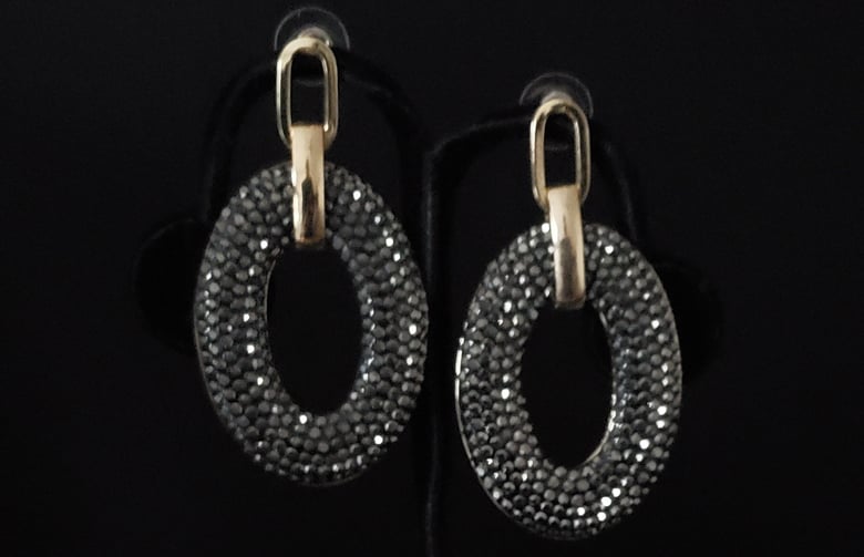 Image of Gold & Black Rhinestone Oval Pierced Earrings 