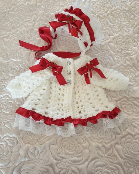 Image of Xmas cardigan bonnet white lace 