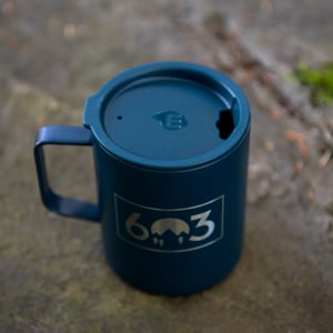 Image of 603 Box Logo Coffee Mug Insulated - Midnight Blue Color