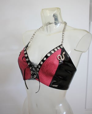 Image of MADE TO ORDER - KULTCHEN TWO TONE LACE UP VEST TOP IN BLACK PVC AND PINK SNAKE (Size XS-XL)