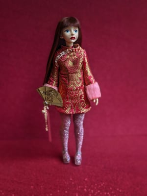 Image of Lounging Linda ~ Red Cheongsam Mini Dress Set for Blythe and Cherry
