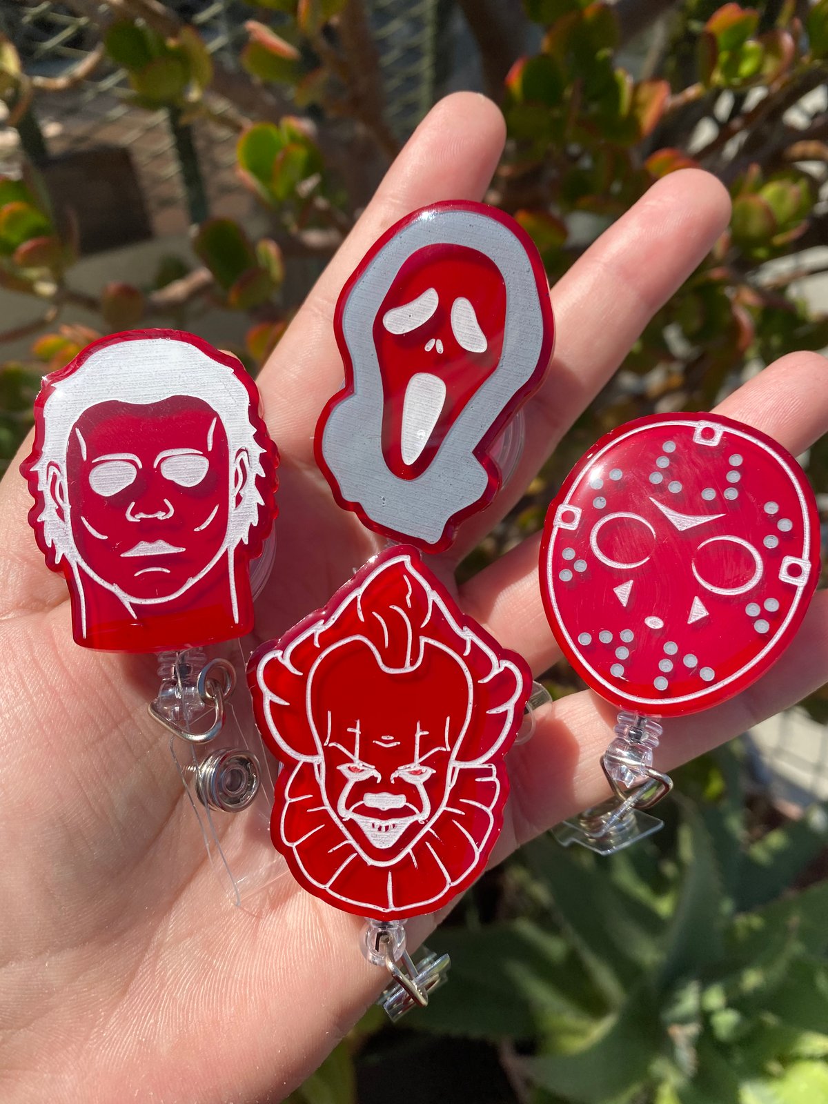 Image of Horror Dudes Seeing Red Resin Badge Reel - Pick Your Fave!