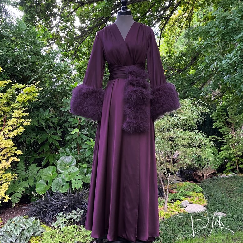 Image of Aubergine Marabou-cuffed "Beverly" Dressing Gown