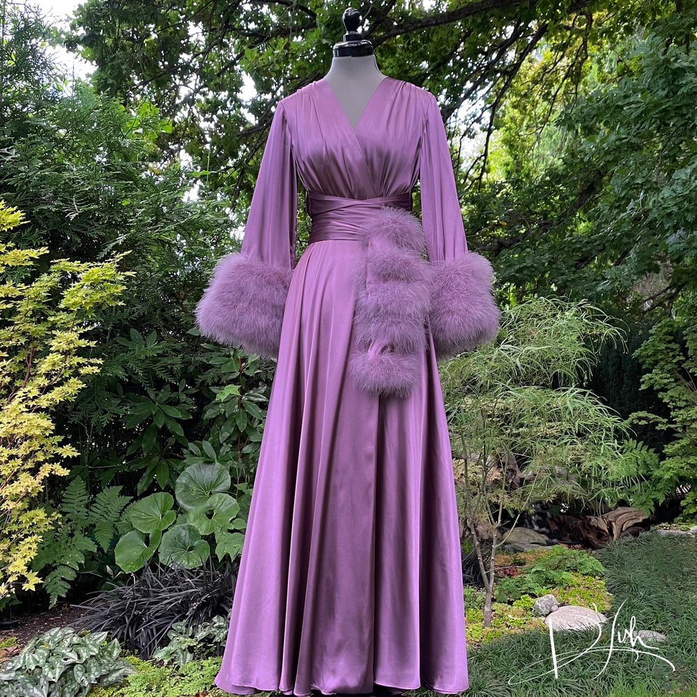 Image of Purple Dusk Marabou-cuffed "Beverly" Gown
