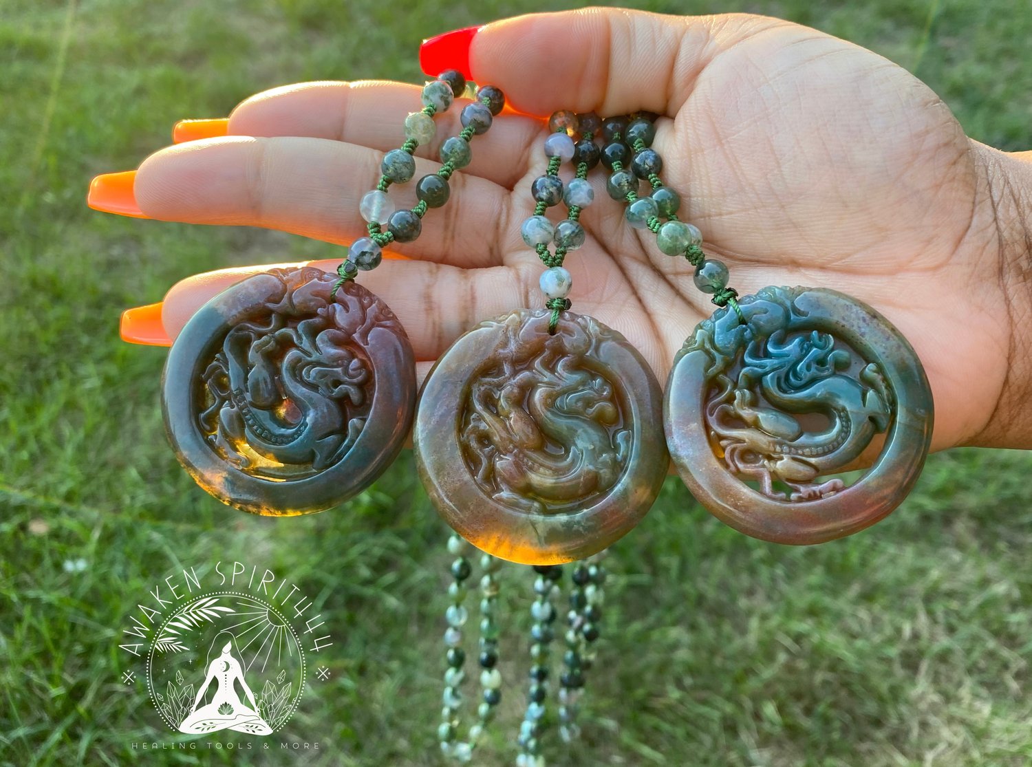 Image of Green agate dragon pendant x Tree agate necklace 