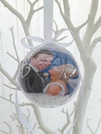 Image 1 of 8cm Beautiful Personalised Wedding Bauble,1st Christmas as Mr & Mrs Ornament,Snow Filled Bauble,Firs
