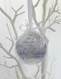 Image 2 of 8cm Beautiful Personalised Wedding Bauble,1st Christmas as Mr & Mrs Ornament,Snow Filled Bauble,Firs