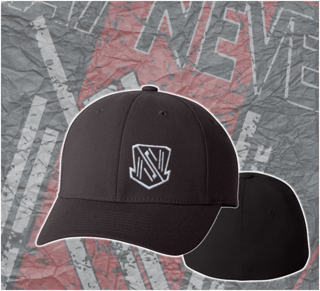 Image of "SAY NEVER ARROW ICON" FLEXFIT CLOSED-BACK FITTED CAP - BLACK CAP with GREY ICON