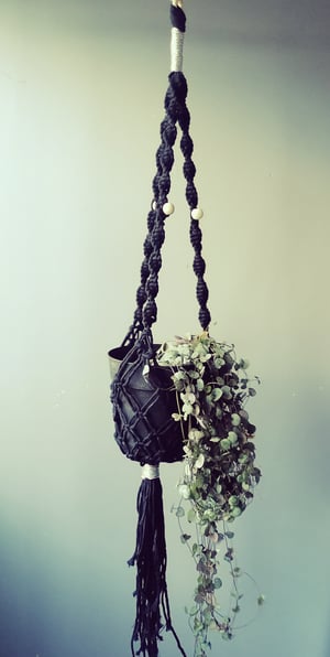 Macramé plant hanger in black with silver trim