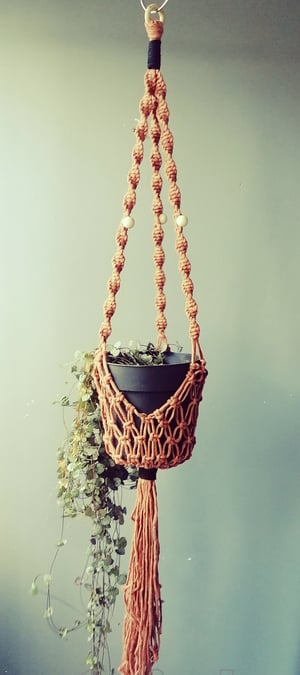 Macramé plant hanger in terracotta colour with black trim