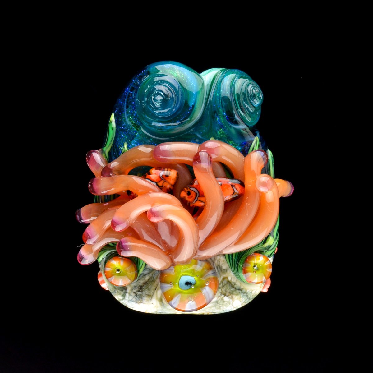 Image of XXXL. Clownfish Family in a Dark Peach Anemone - Flamework Glass Sculpture