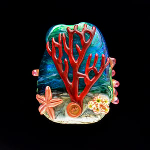 Image of XXXL. Clownfish Family in a Dark Peach Anemone - Flamework Glass Sculpture