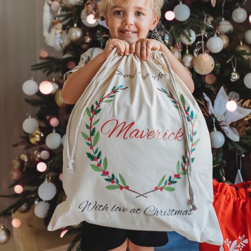 Image of Personalised Christmas Santa Sack - Christmas Wreath 