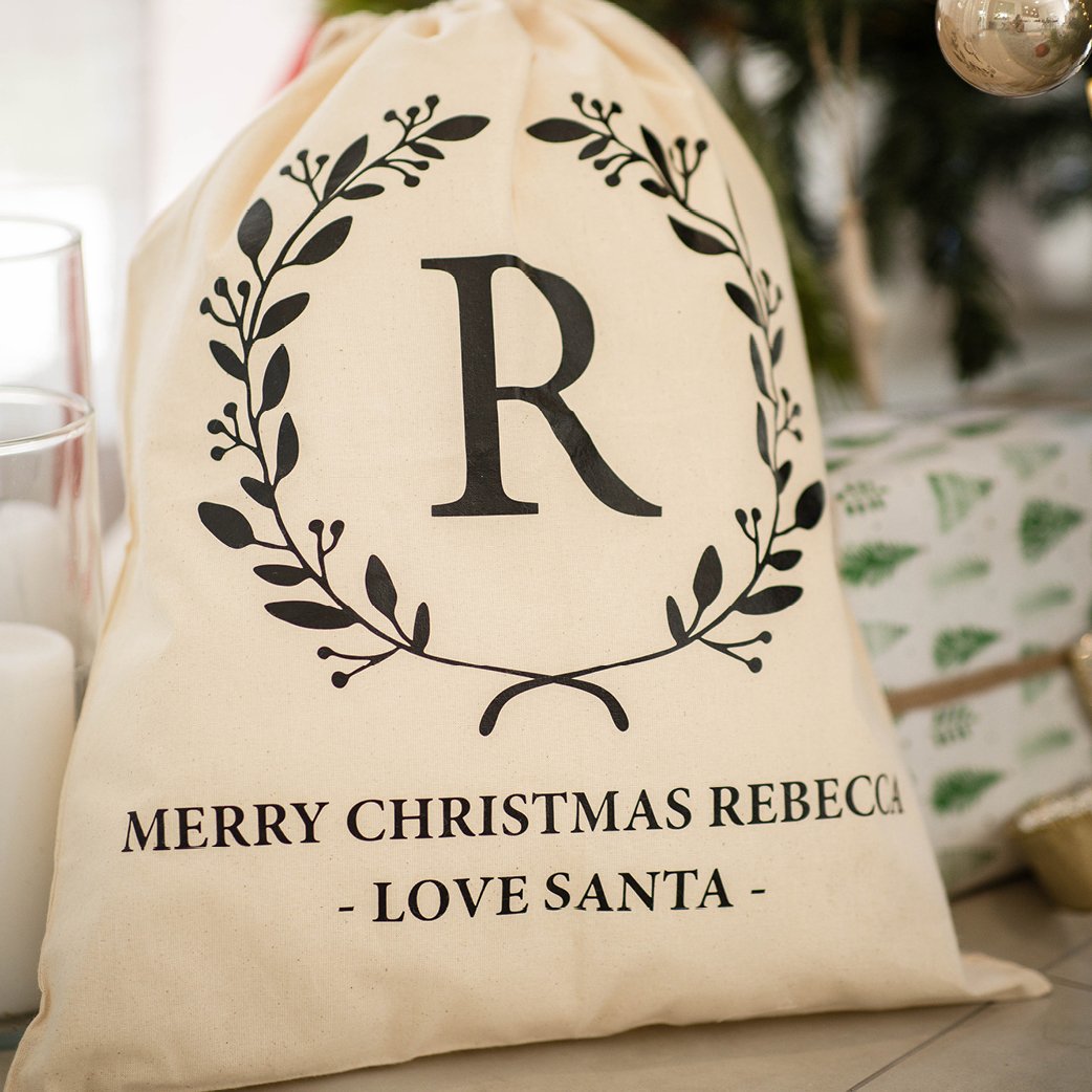 Image of Personalised Christmas Santa Sack - Initial Wreath