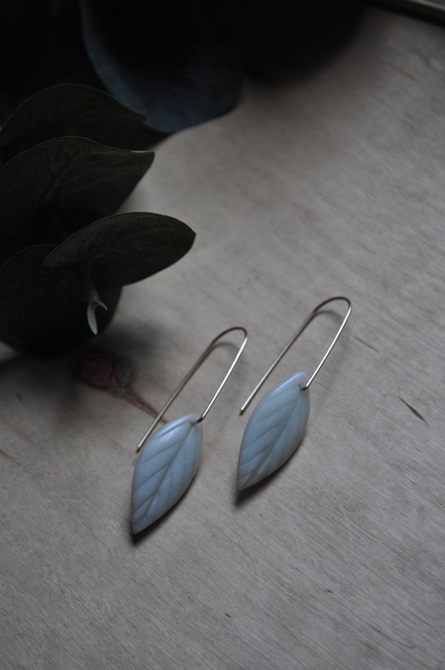 Image of Amazonite Carved Leaf Dangles on Gold Fill