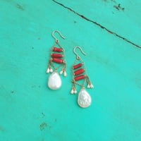 Image 4 of Red Coral & Pearl Earrings 