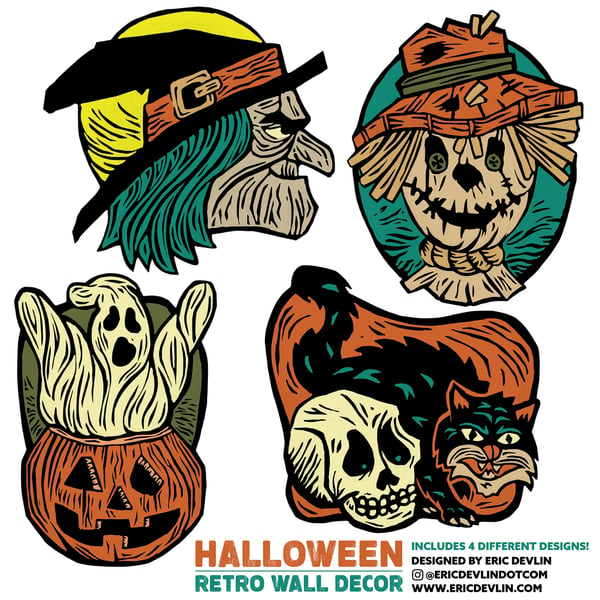 Image of Halloween Retro Wall Decor - Set of 4 Designs - Series 1