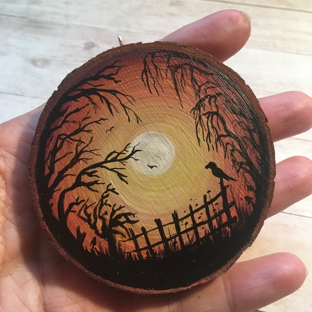Hand Painted Log Slice in  Acrylic - Orange Sunset Crow on Fence